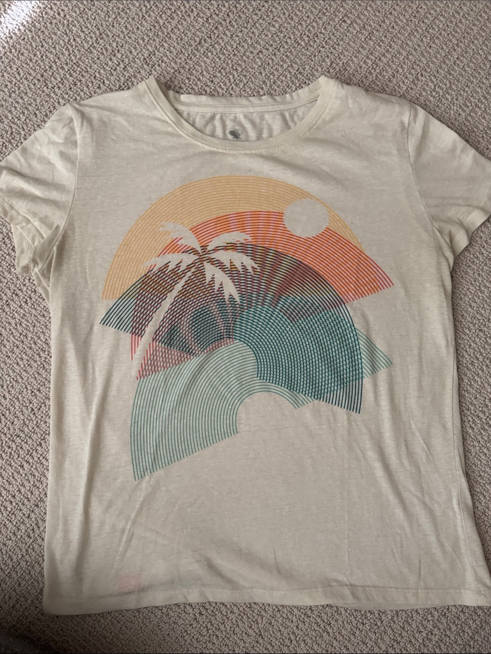 Cream Short-Sleeve Graphic Tee with Sunset Palm Motif